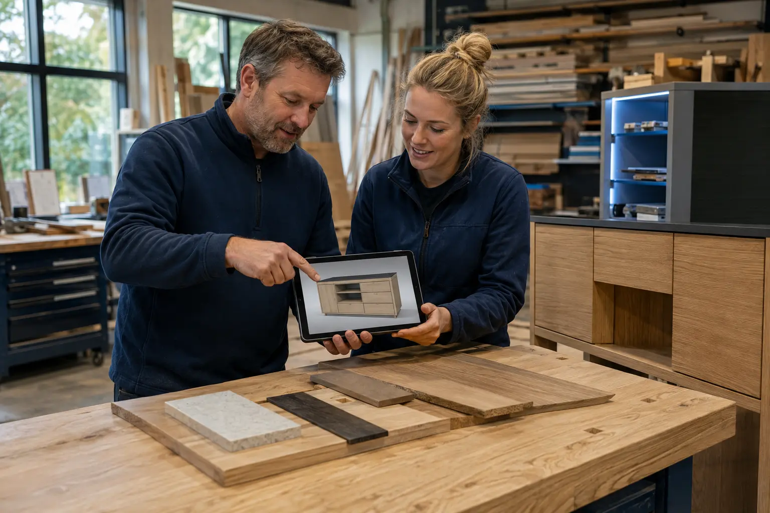 Schreinerteam bespricht einen digitalen Möbelauftrag am Tablet in der Werkstatt – KI-Motiv