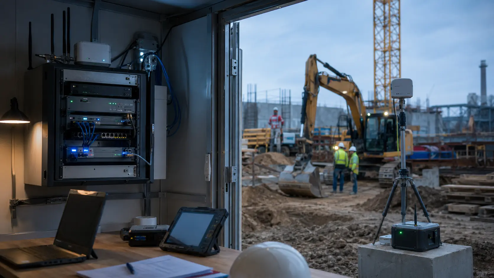 Sichere Baustellenvernetzung mit WLAN, Firewall, mobilen Geräten und Verbindung zur Unternehmenszentrale