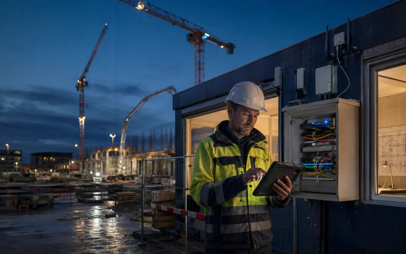 Bauleitung auf einer digital vernetzten Baustelle mit sicherem Zugriff auf Projektdaten