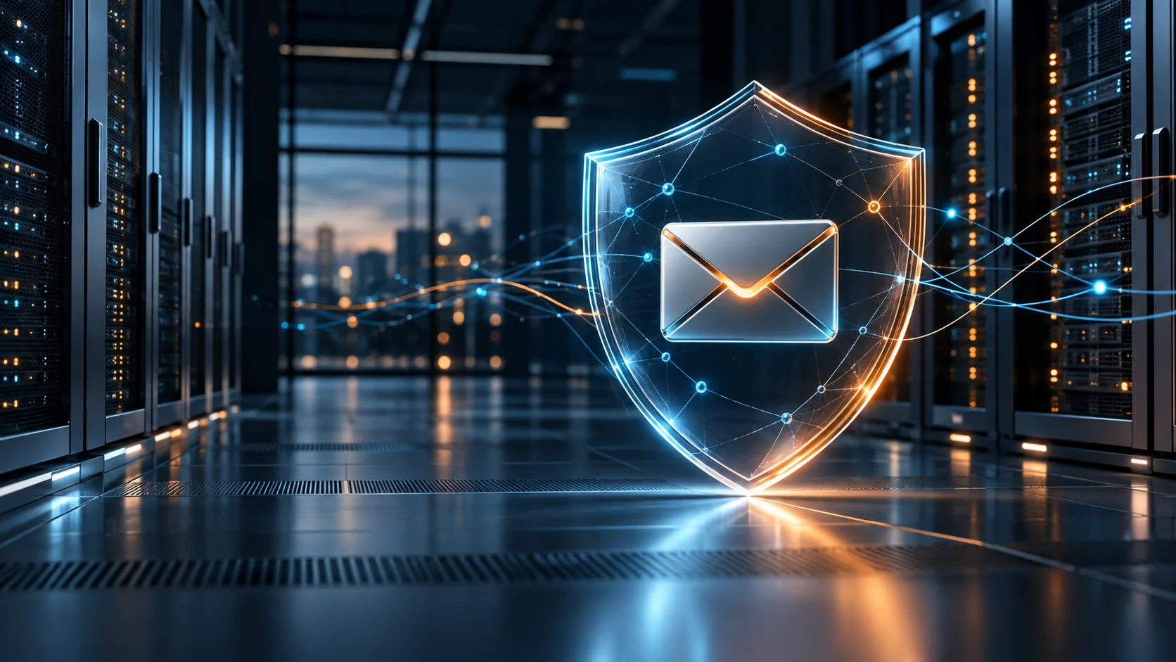 Schutzschild und E-Mail-Symbol vor Serverracks als Motiv für Proxmox Mail Gateway