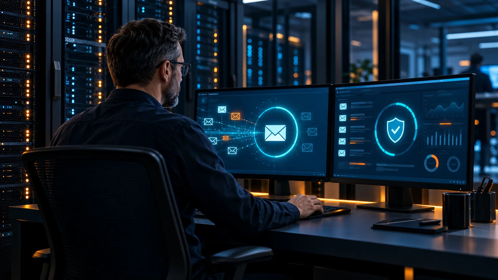 Administrator überwacht E-Mail-Fluss und Sicherheitsstatus eines Mail-Gateways