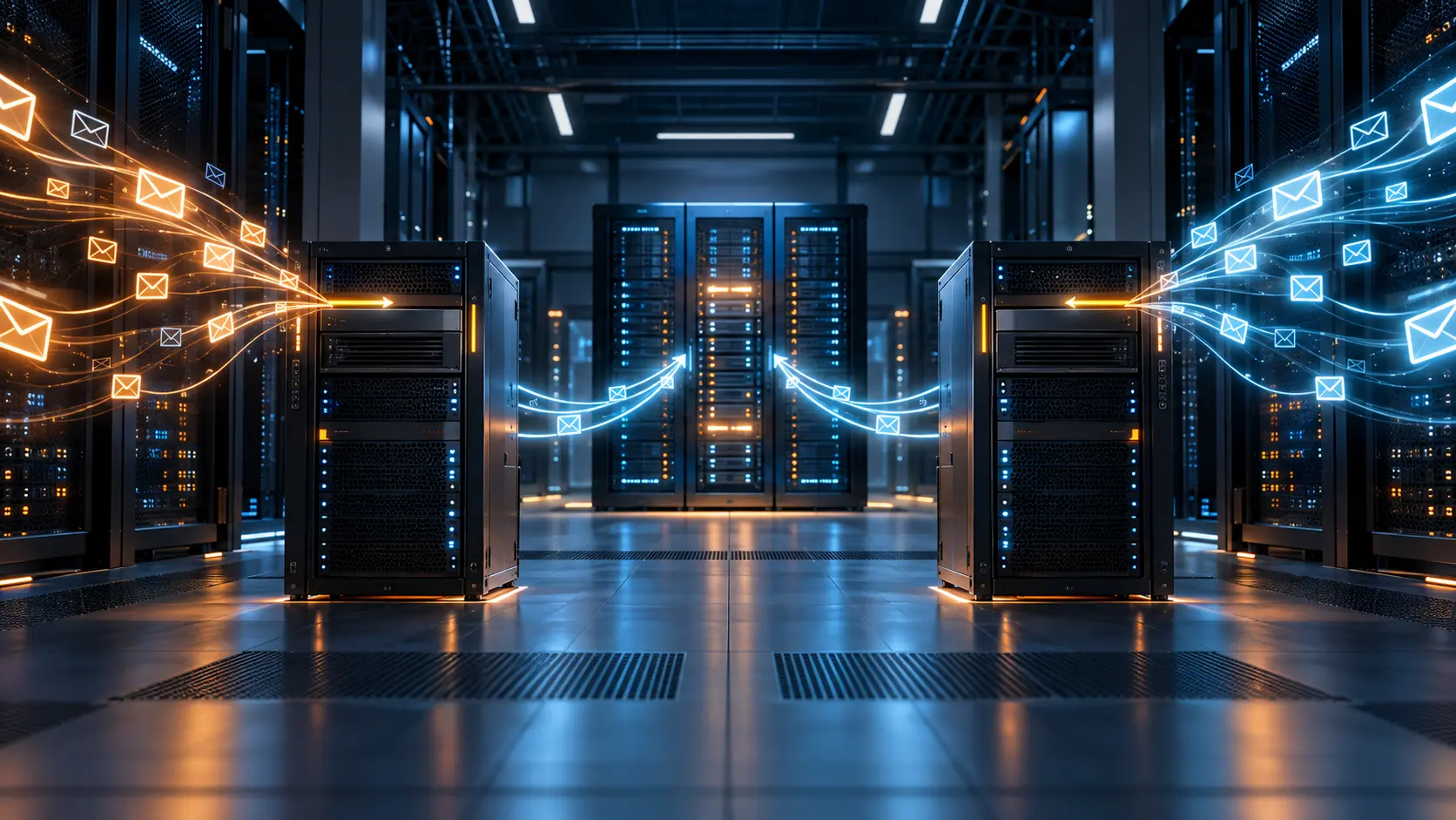 Zwei getrennte Mail-Gateway-Knoten leiten E-Mail-Ströme zu einem geschützten Mailserver