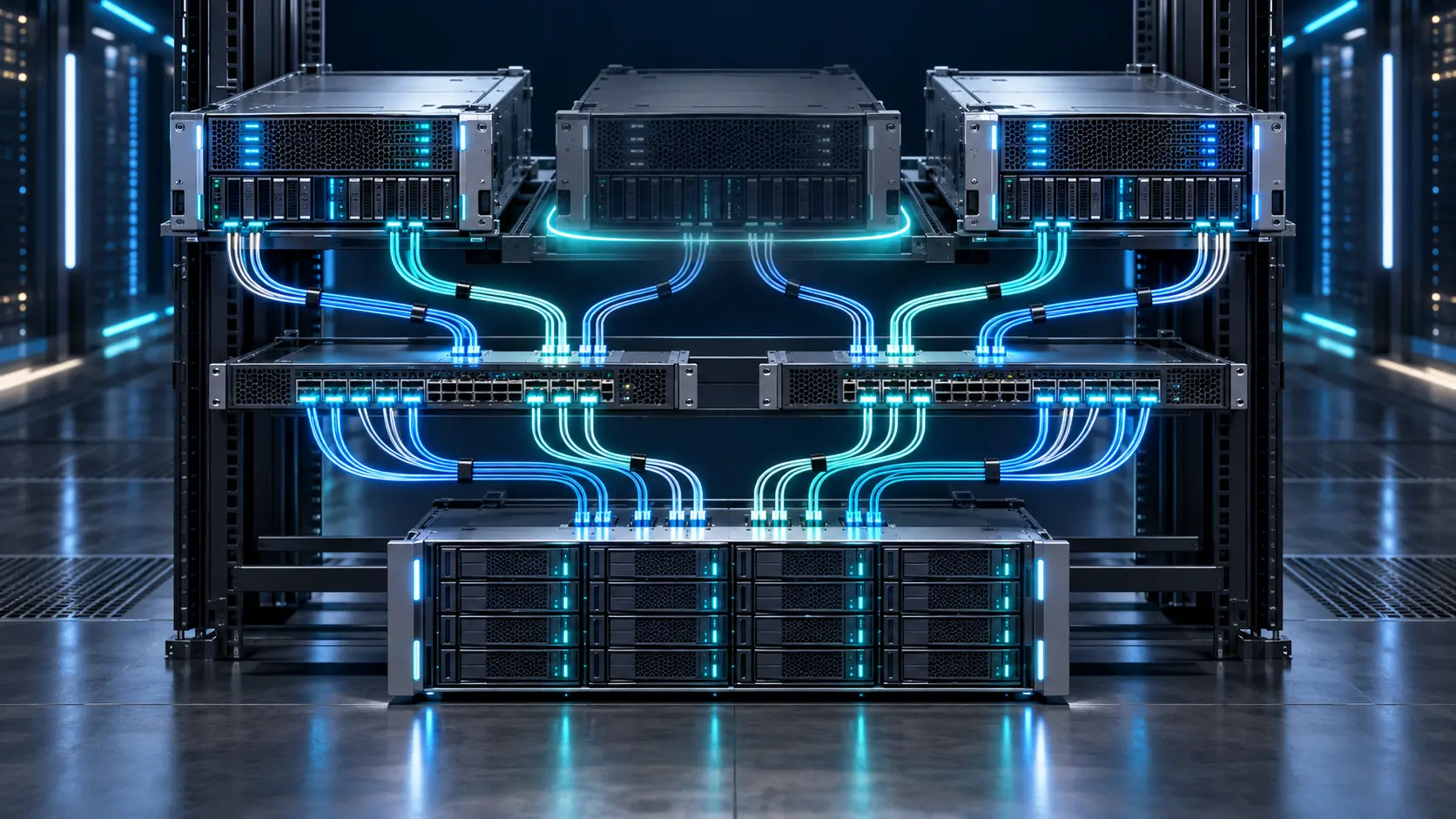 Drei Proxmox-Cluster-Nodes mit redundanten Netzwerkwegen und gemeinsamem SAN- oder NAS-Storage