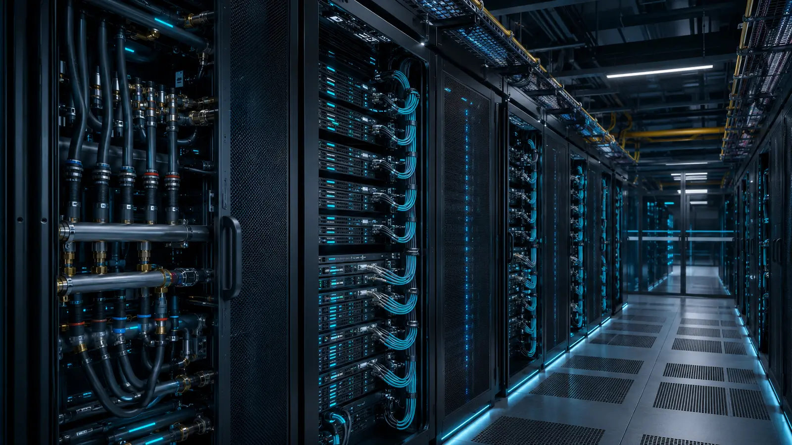 AI-ready Rechenzentrum mit GPU-Cluster, Flüssigkeitskühlung und schnellem Netzwerk-Fabric
